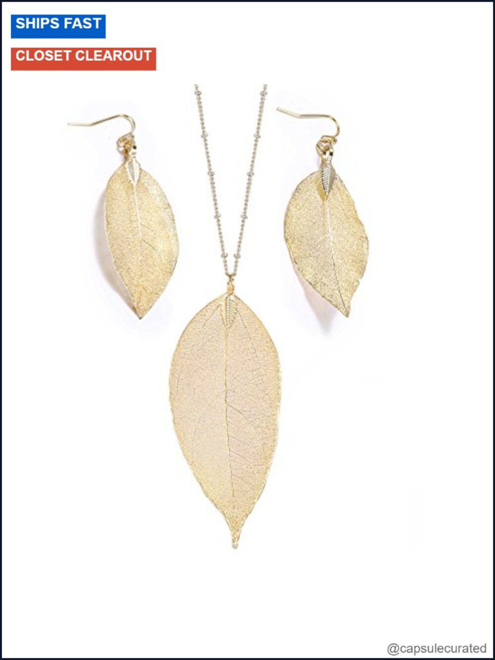 14K Gold-Tone Leaf Dangle Necklace and Earring Jewelry Set